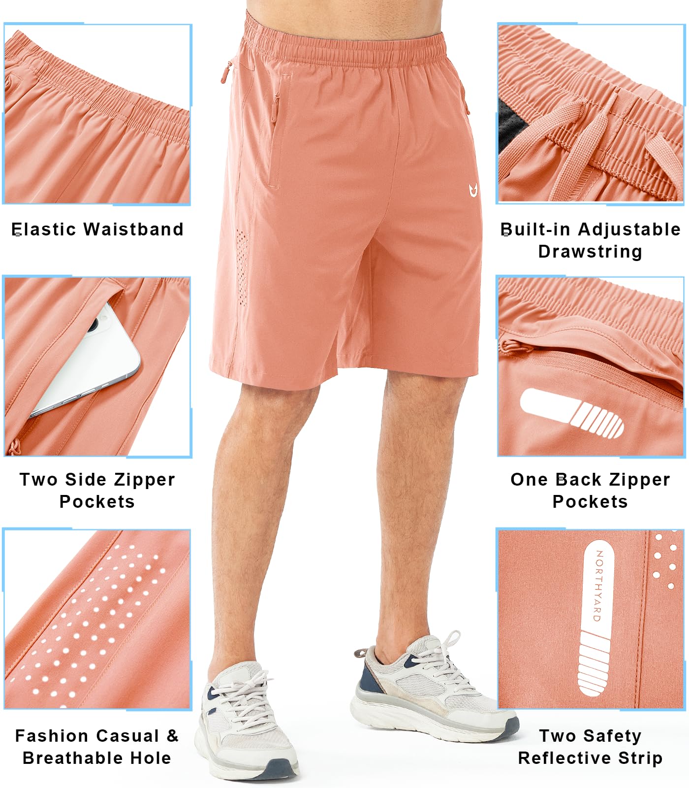 NORTHYARD Men's Athletic Running Shorts Gym Workout 7"/9"/5" Quick Dry Lightweight Sports Basketball Tennis 3 Zipper Pockets PINKORANGE-9inch M