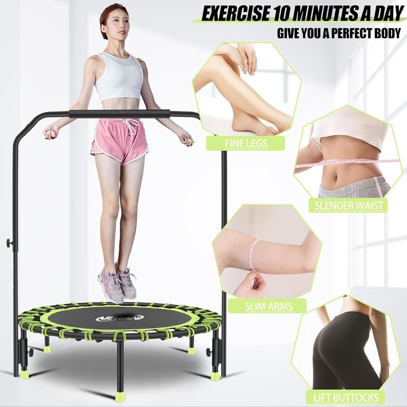 Silent Mini Trampoline - 40" Adjustable Handle Bar Bungee Rebounder for Cardio Workouts | Max Weight 330 lbs