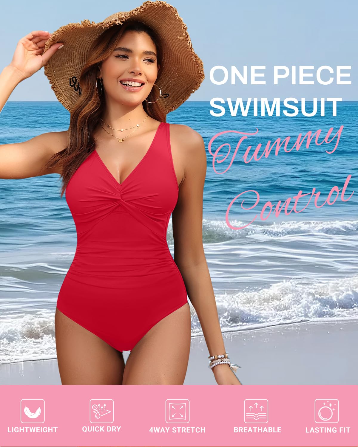 Red Tummy Control One Piece Swimsuit Full Coverage Bathing Suit M