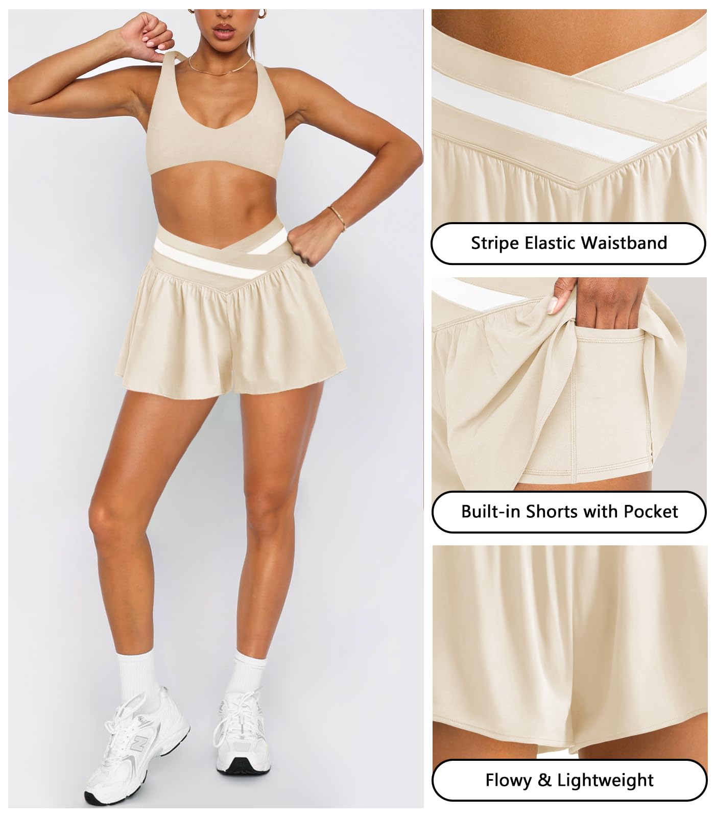 Hragc Womens Athletic Workout Apricot Shorts Flowy Butterfly Elastic Crossover High Waisted 2 in 1 Running Shorts with Pockets for Women Medium
