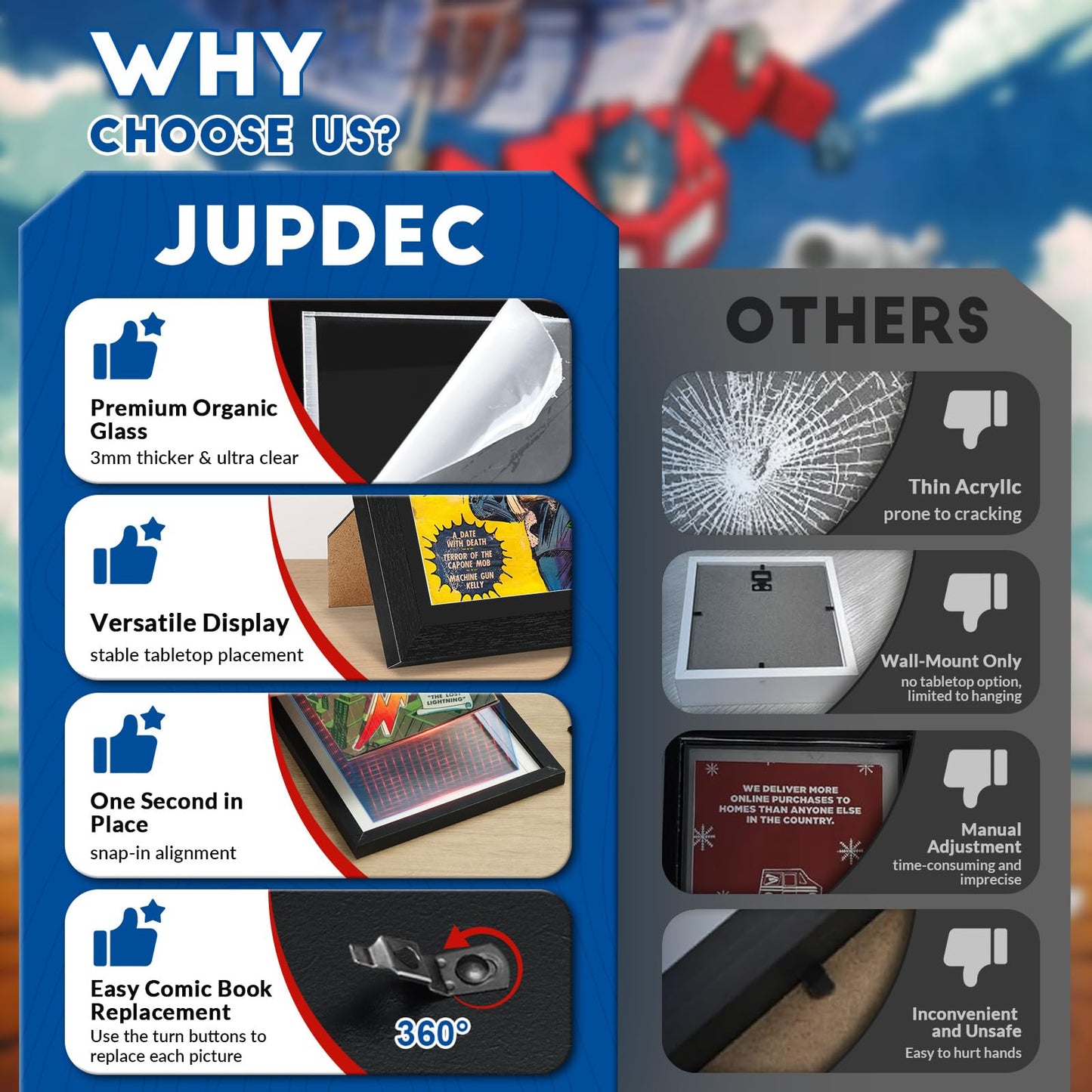 JupDec Comic Book Frame, Premium Wood Display Case for 6 11/16" × 10 3/16" Comic, Wall Mount or Tabletop Stand, Layered Design with Positioning Mat, Perfect for Home Decor, 4 Pack, Black