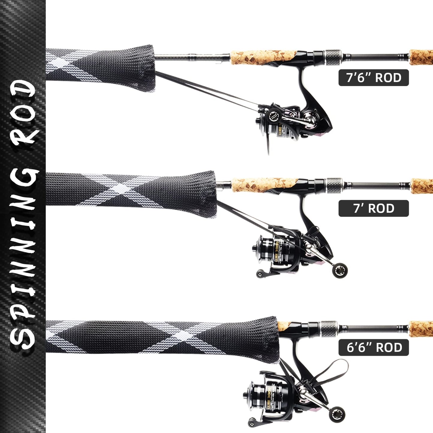 SF Standard Casting Fishing Rod Sock Fishing Rod Sleeve Rod Cover Braided Mesh Rod Protector Pole Gloves Fishing Tools White-Black-2PCS Fit Casting Rod 6-1/2FT to 7-1/2FT