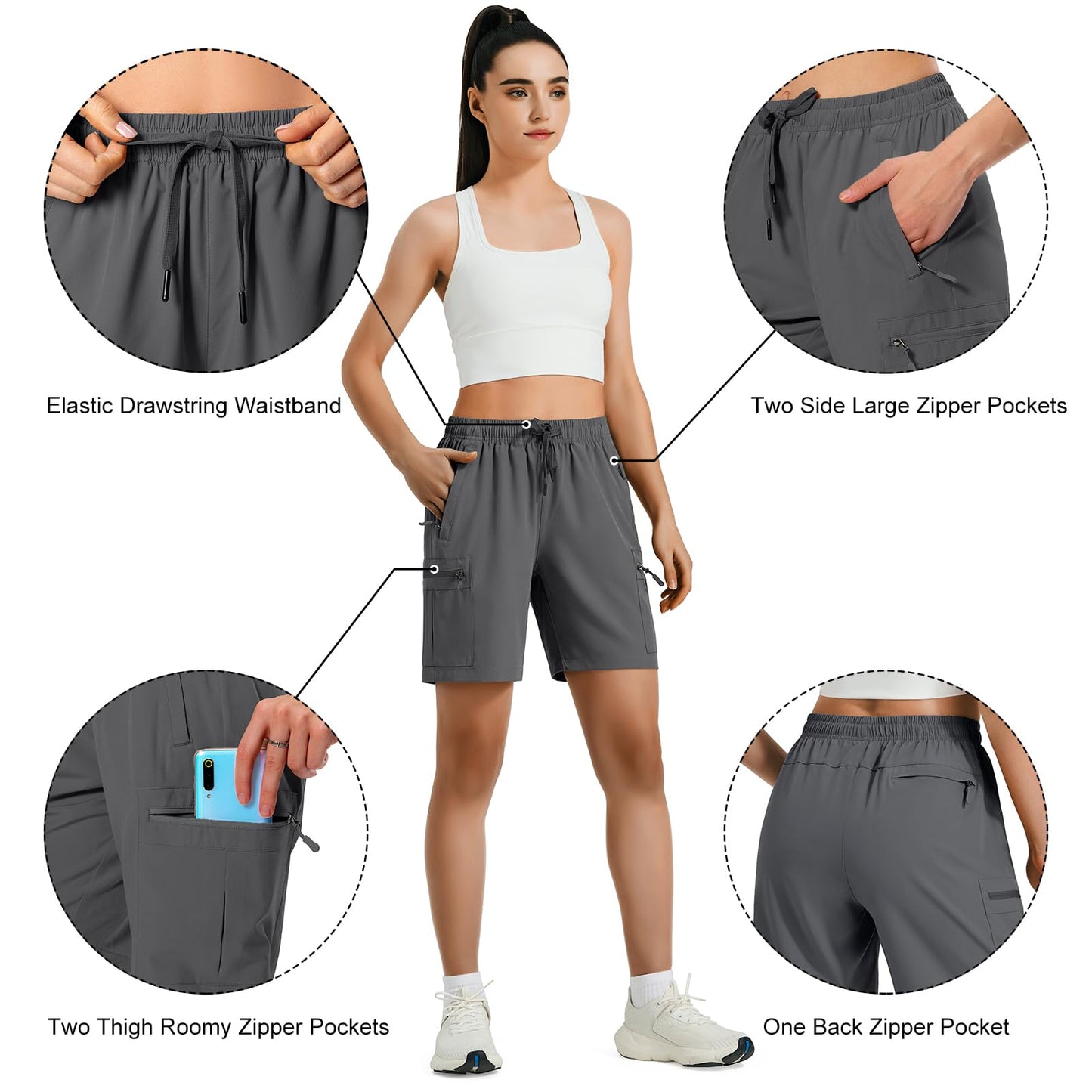 Hugut Women's Lightweight Hiking Cargo Shorts Quick Dry Athletic Shorts Camping Travel Golf Zipper Pockets Water Resistant Dark Grey