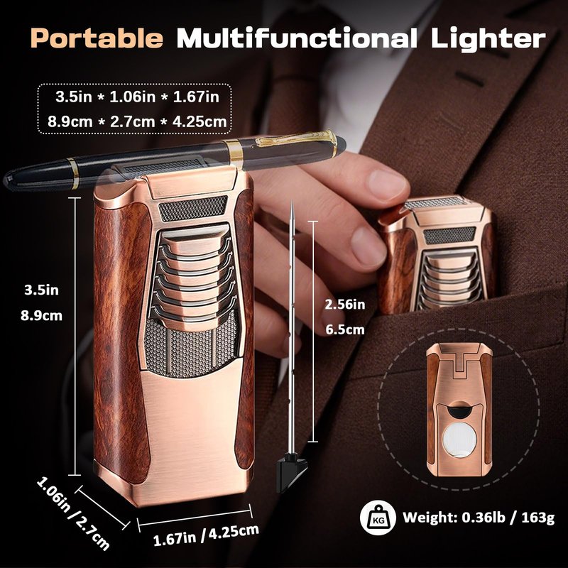 VloEssic All in One Butane Torch Lighter, Triple Jet Flame Windproof Lighter Built-in Cutter, Punch, Holder, Draw Enhancer, Refillable Butane Lighter for Candles, Cool Lighters Gift for Men (No Gas)