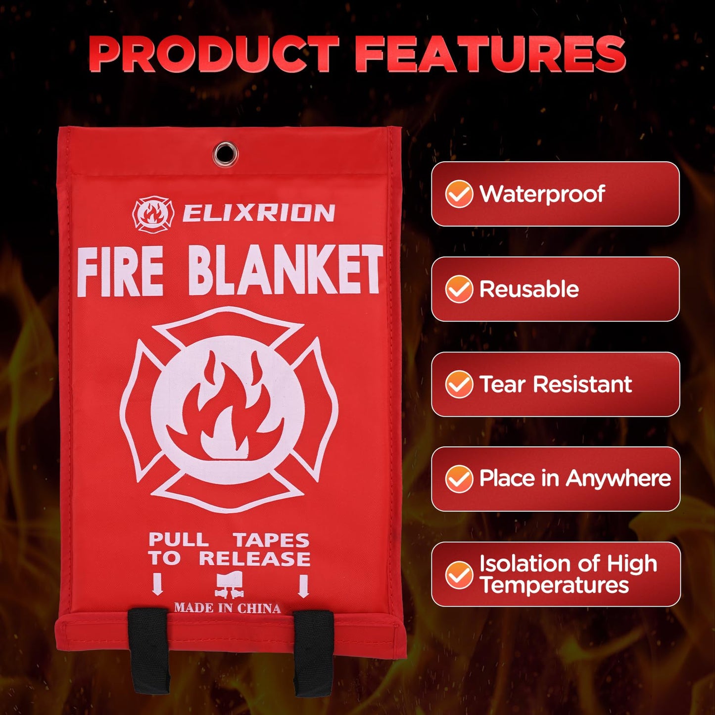 ELIXRION Emergency Fire Blanket 2 Pcs, 40" x 40" Fiberglass Suppression Blanket Portable Fire Extinguisher Blanket for Kitchen, Retardant Protection Emergency Safety Blanket for Home Car and Camping