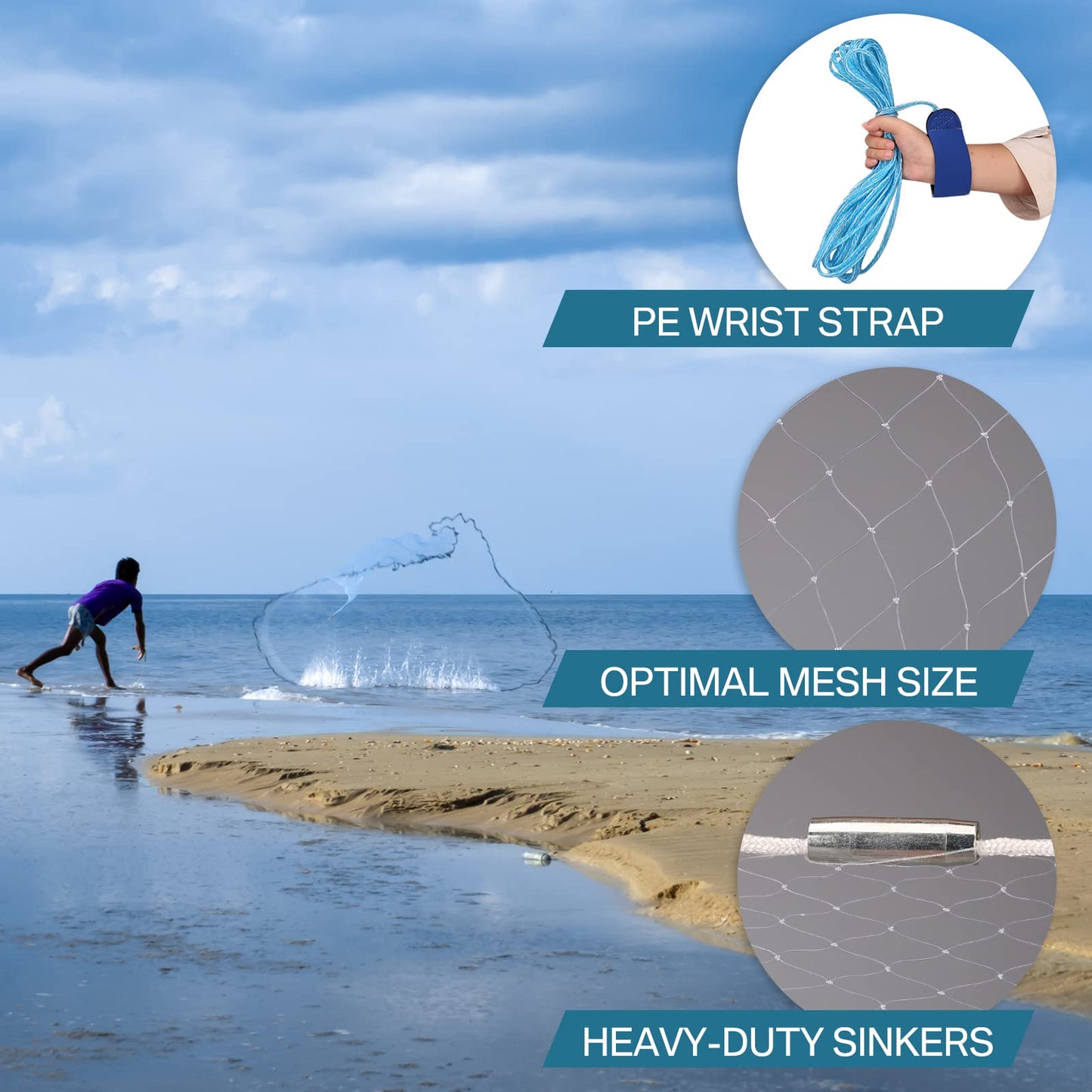 Yeahmart American Saltwater Fishing Cast Net for Bait Trap Fish 8ft Radius Casting Nets with Heavy Duty Real Zinc Sinker Weights, 3/8inch Mesh Size