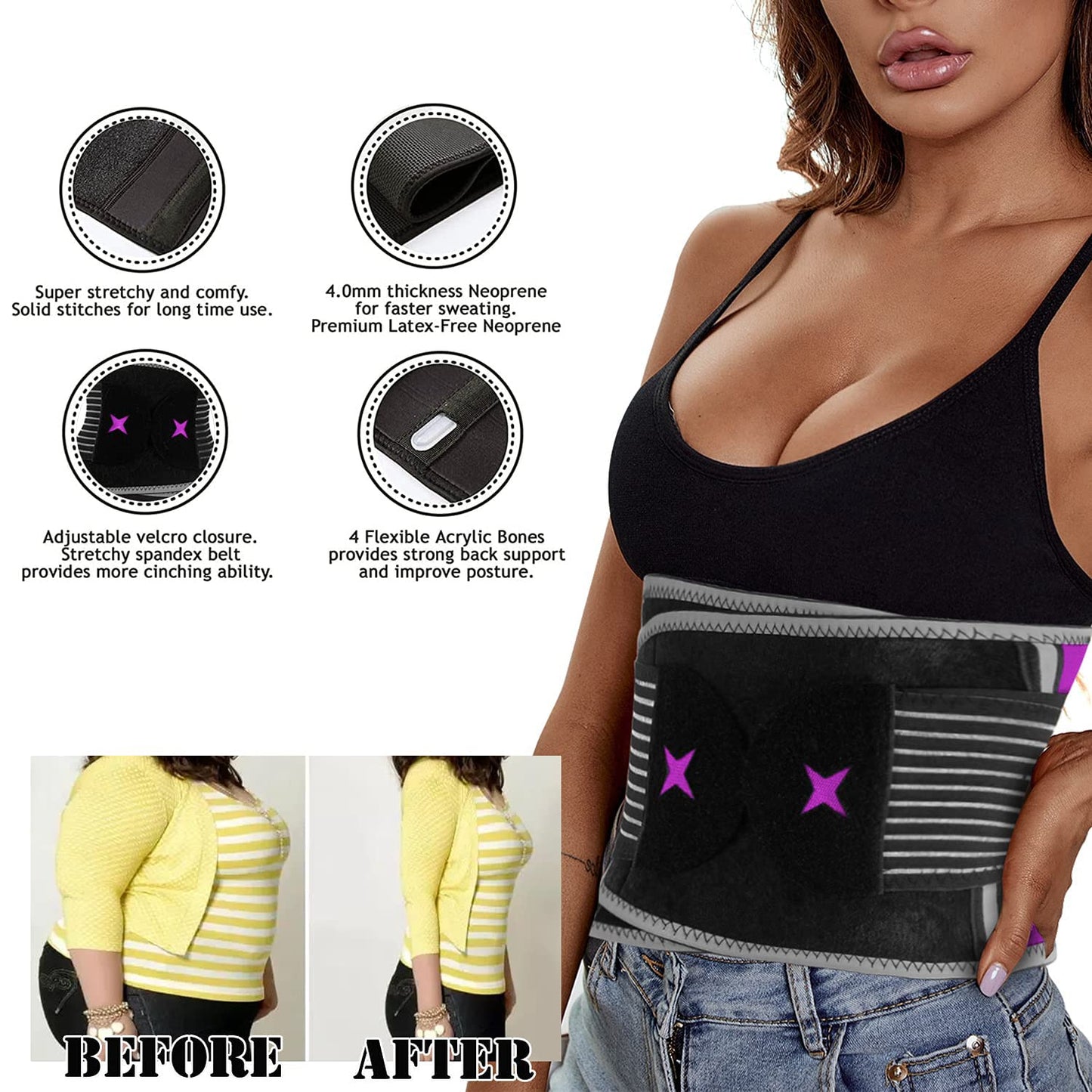 Finlin Women's Waist Trainer Slimmer Waist Trimmer Back Support Belt Weight Loss Exercise Fitness Enhance Sweating Effect Purple