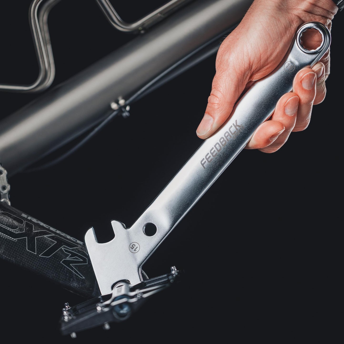 Feedback Sports | Bicycle Pedal Wrench Combo | 2-in-1 Pedal & Axle Nut Tool | 15mm Angle Head, Closed Axle Nut Wrench | For Bike Maintenance & Repair