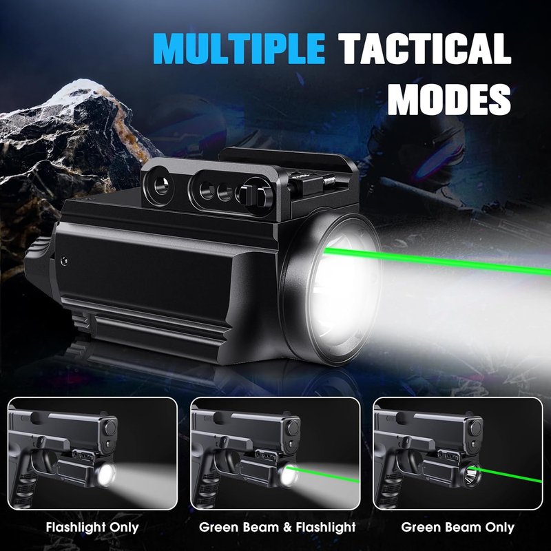 1000 Lumens Green Beam Pistol Light - Compact Tactical Flashlight with Strobe & USB Rechargeable Aluminum | Adjustable Picatinny Rail