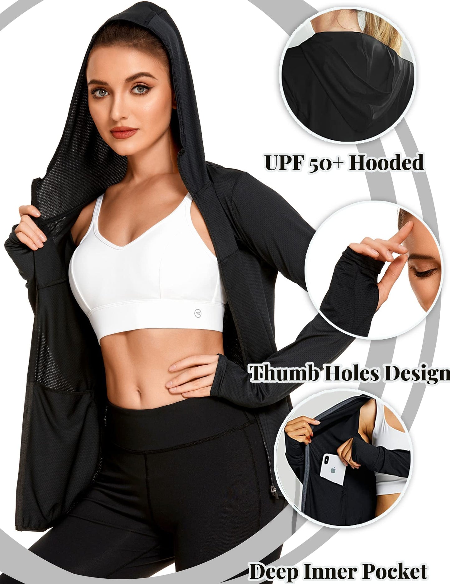 COOrun Women's UPF 50+ Sun Protection Hoodie Jacket Lightweight Full Zip Running Jacket Athletic Workout Top with Thumb Holes Zipper Pockets Black XL