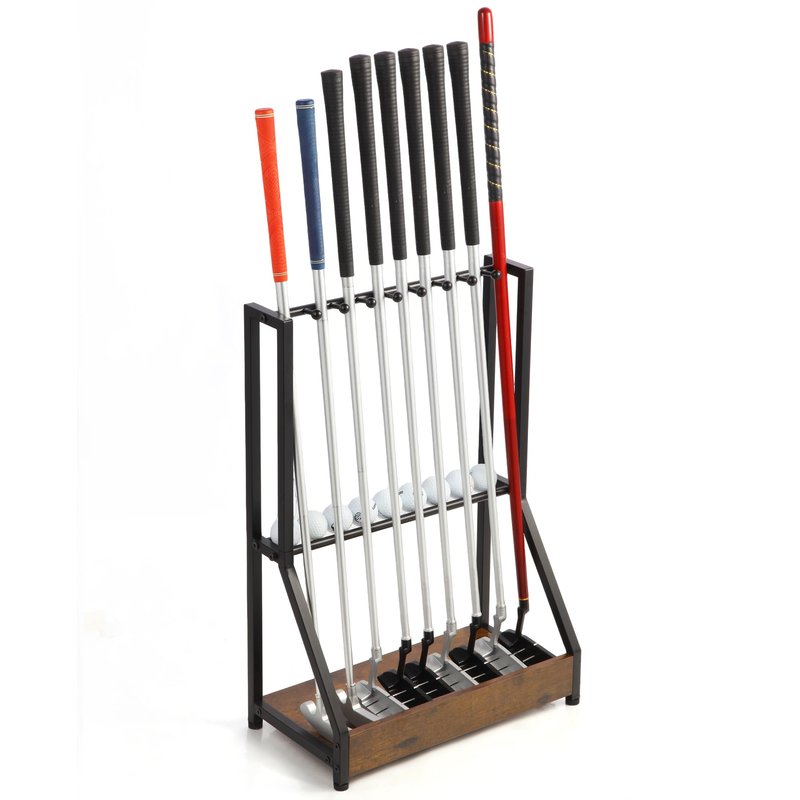 Xnwouco Golf Club Holder for 9 Clubs & 9 Balls, Solid Wood & Iron Golf Organizer, Golf Putter Holder Floor Stand, Golf Club Stand Suitable for Golf Simulators｜Golf Course Accessories