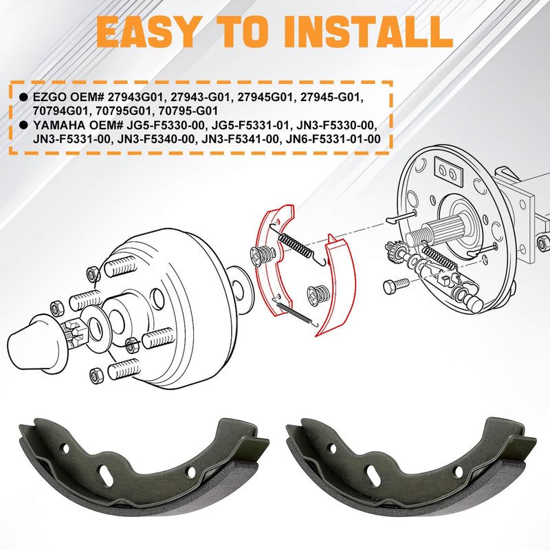 MOSNAI Golf Cart Brake Shoes Fit for EZGO Medalist/TXT G&E 1997 Up Golf Cart Replacement Brakes Fit for Workhorse 96+, Yamaha G2-G22 94-06 OEM 27943G01 70795G01 27944-G01