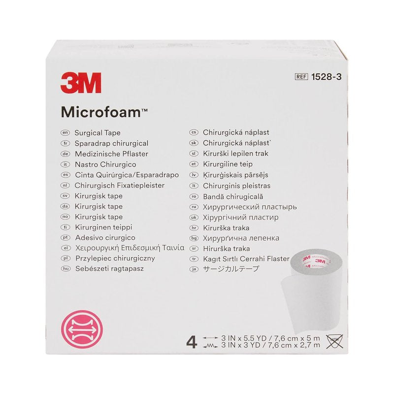 3M Microfoam Surgical Tape 3" x 5.5 Yd 1528-3, 2 Boxes, 4 Rolls/Box
