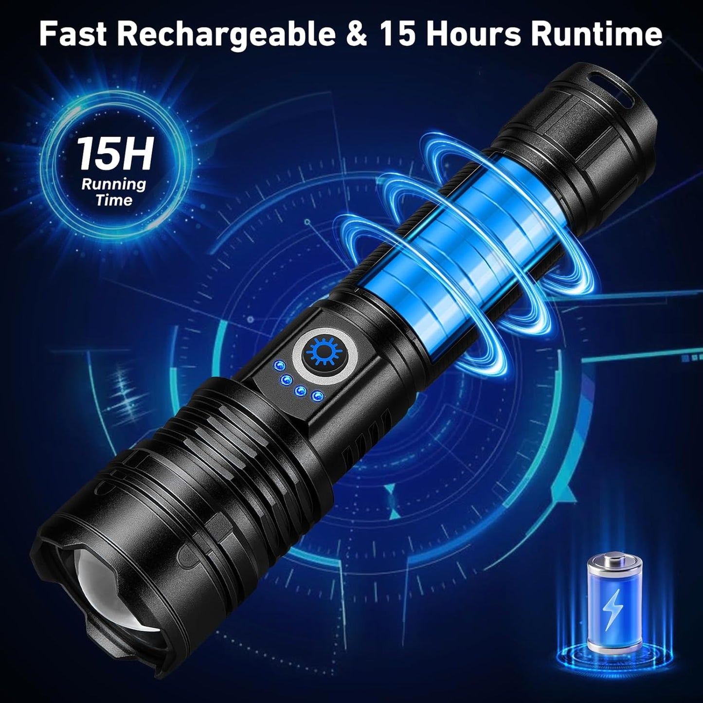 Rechargeable Flashlight - 99,000 High Lumen Brightness | 15H LED Life, 5 Modes, IPX7 Waterproof for Camping & Hiking