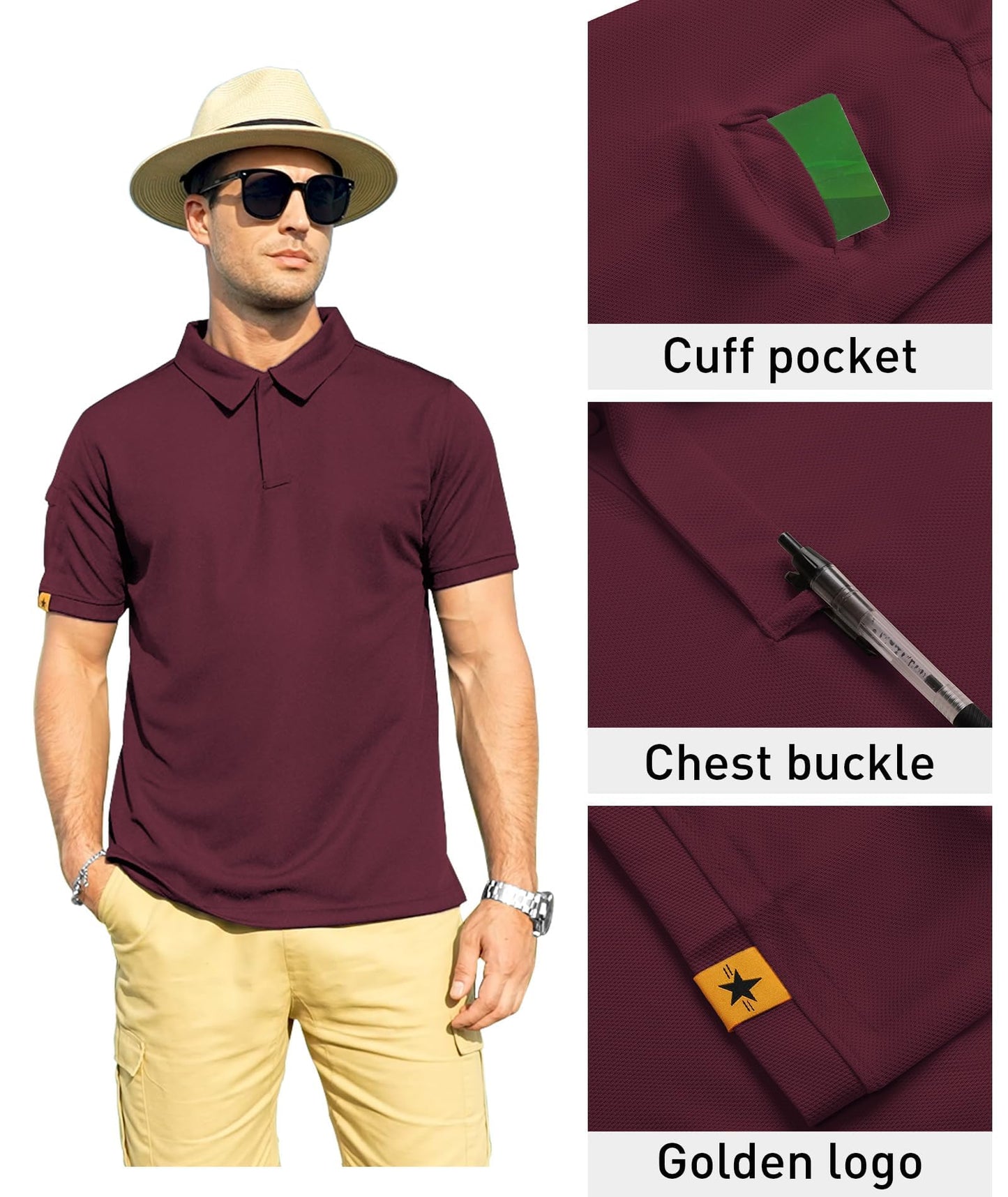 ZITY Mens Polo Shirt Short Sleeve Sports Tactical T-Shirt Athletic Golf Polos Daily Casual Stylish Collared Shirts for Men Wine Red X-Large