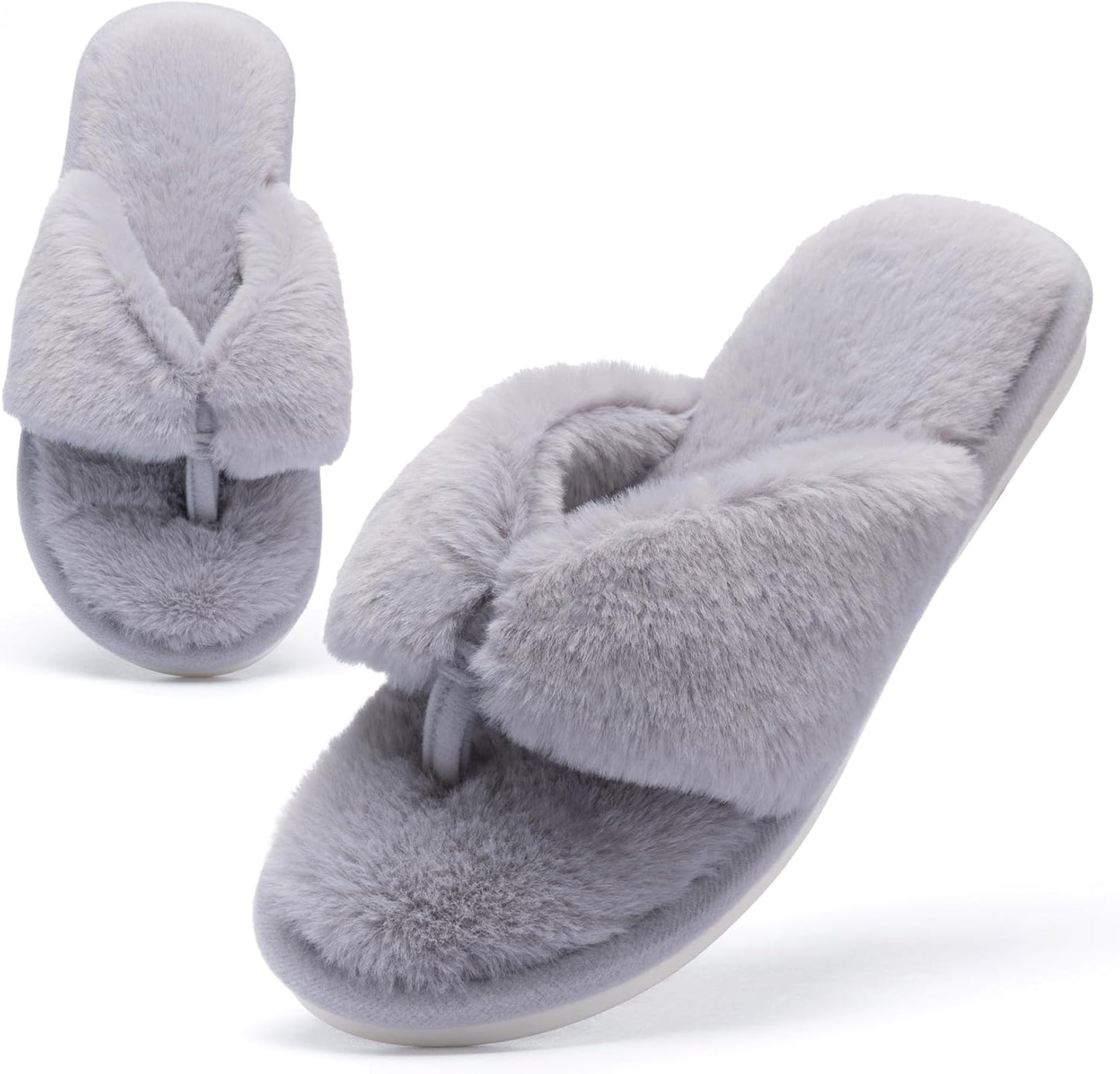 Fluffy House Slippers for Women - Open Toe Memory Foam Flip Flops | Soft Indoor Outdoor Slides