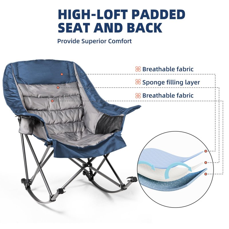 Foristrail Oversized Rocking Camping Chair for Adults - 400lbs Capacity Padded Camp Chair with Cup Holder, Portable Foldable Outdoor Rocker Chair for Camping, Backyard (Blue & Dark Gray, 1 PCS)