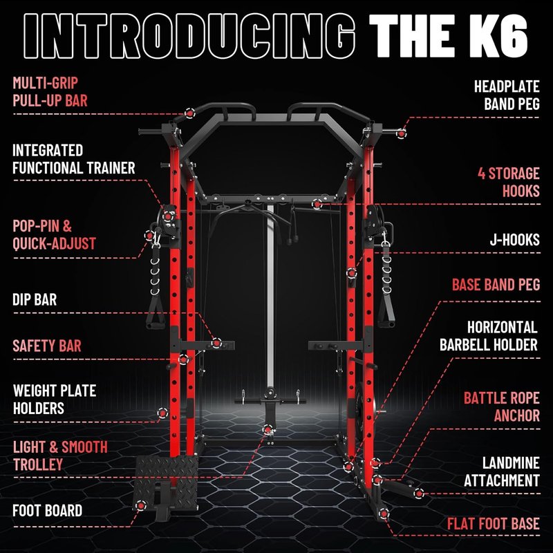 Power Cage - 1500LBS Multi-Function Workout Rack with Cable Crossover | Home Gym Equipment (Red)
