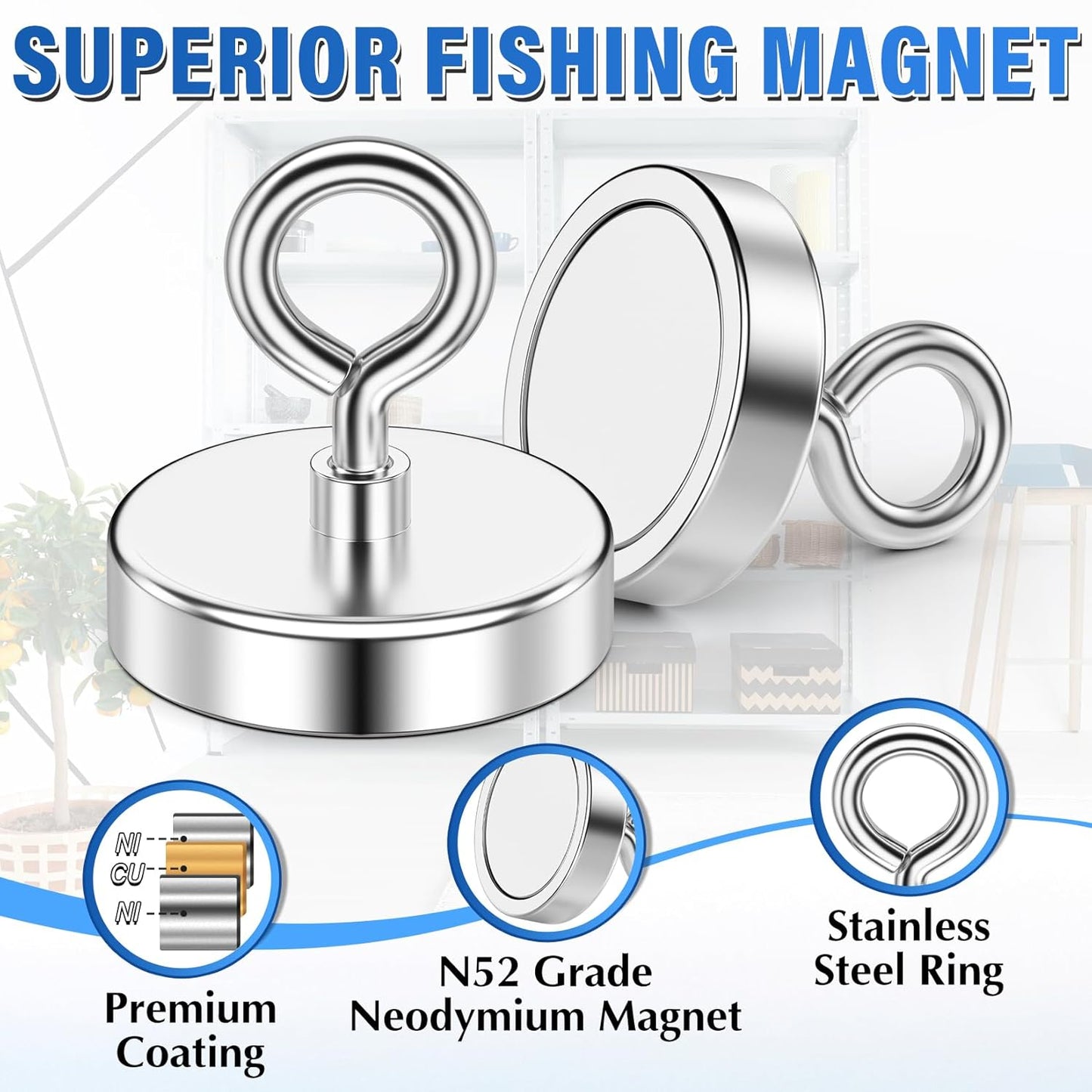 Strong Fishing Magnet - 2.36 Inch 500lbs Heavy Duty Rare Earth Magnet for Treasure Hunting & Item Retrieval