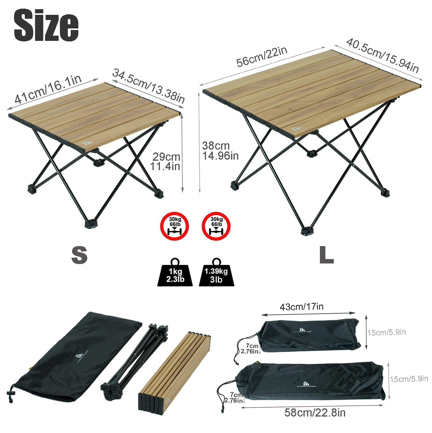 iClimb Ultralight Compact Camping Alu. Folding Table with Carry Bag, Two Size (Black - L)