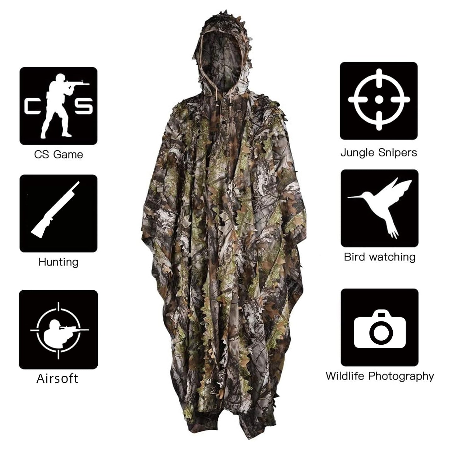 LOOGU Ghillie Suits, Poncho Style Ghillie Suit 3D Leaf Super Lightweight Camouflage Outfit for Hunting, Shooting, Wildfowl, Paintball, Bird Watching, Halloween or Christmas