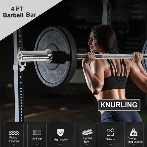 uyoyous 4FT Barbell Bar Solid Threaded Chrome Straight Bar with 2 inch Center Holes Barbell Weight Straight Weightlifting Strength Training Equipment 120cm for Home Workout Fitness, Silver