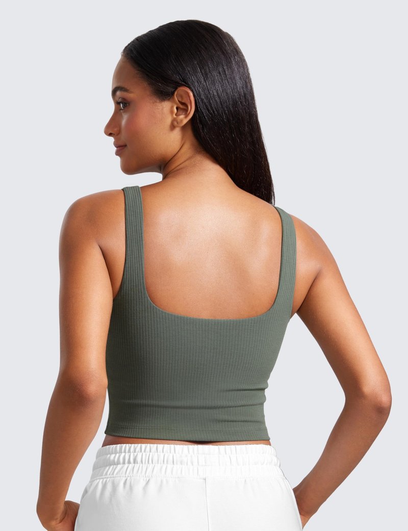 CRZ YOGA Ribbed Henley Crop Tank Tops for Women - Square Back Padded Yoga Workout Longline Sports Bras Grey Sage Medium
