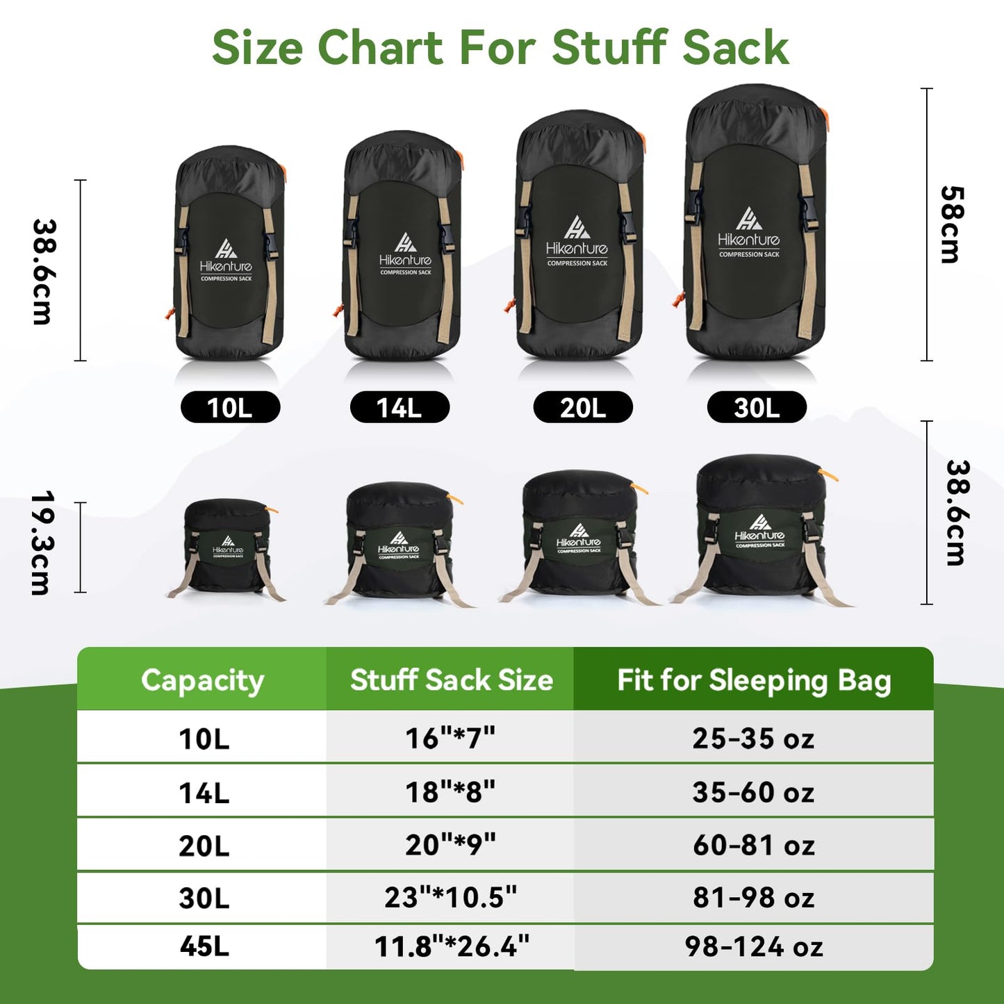 Hikenture Compression Sack for Sleeping Bag, Upgrade Anti-Tear Nylon Sleeping Bag Stuff Sack, 10L/14L/20L/30L Water-Resistant Compression Bag, Storage Bag (Dark Green, 20L)