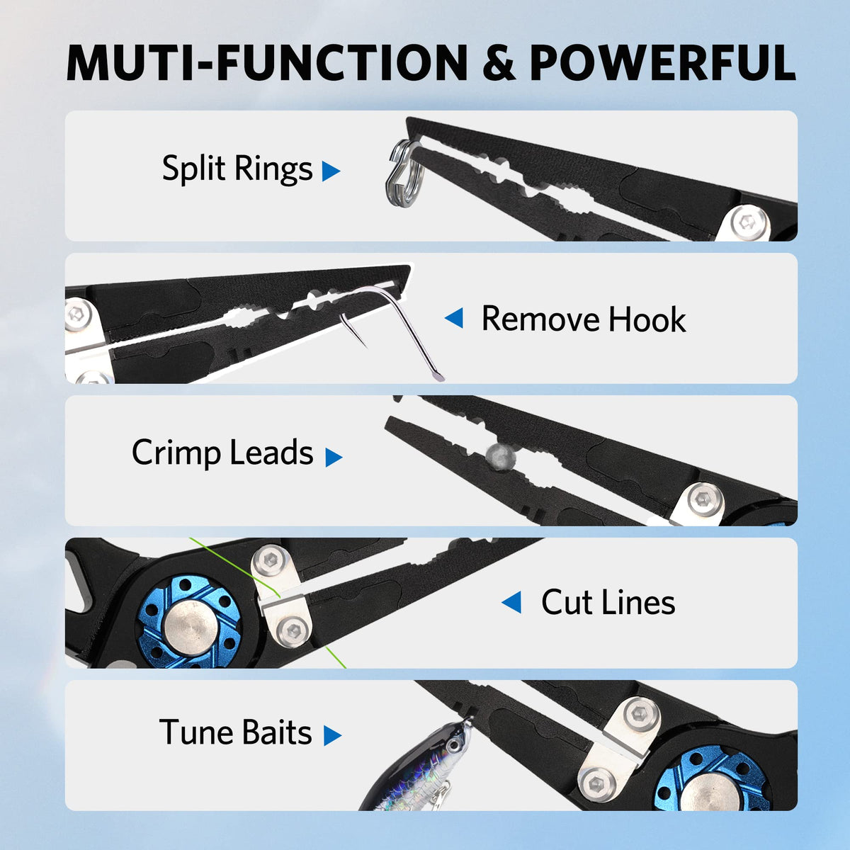 Hathever Fishing Pliers, Split Ring & Hook Remover with Tungsten Carbide Cutters, Aircraft Aluminum Handle, Lockable with Sheath & Lanyard