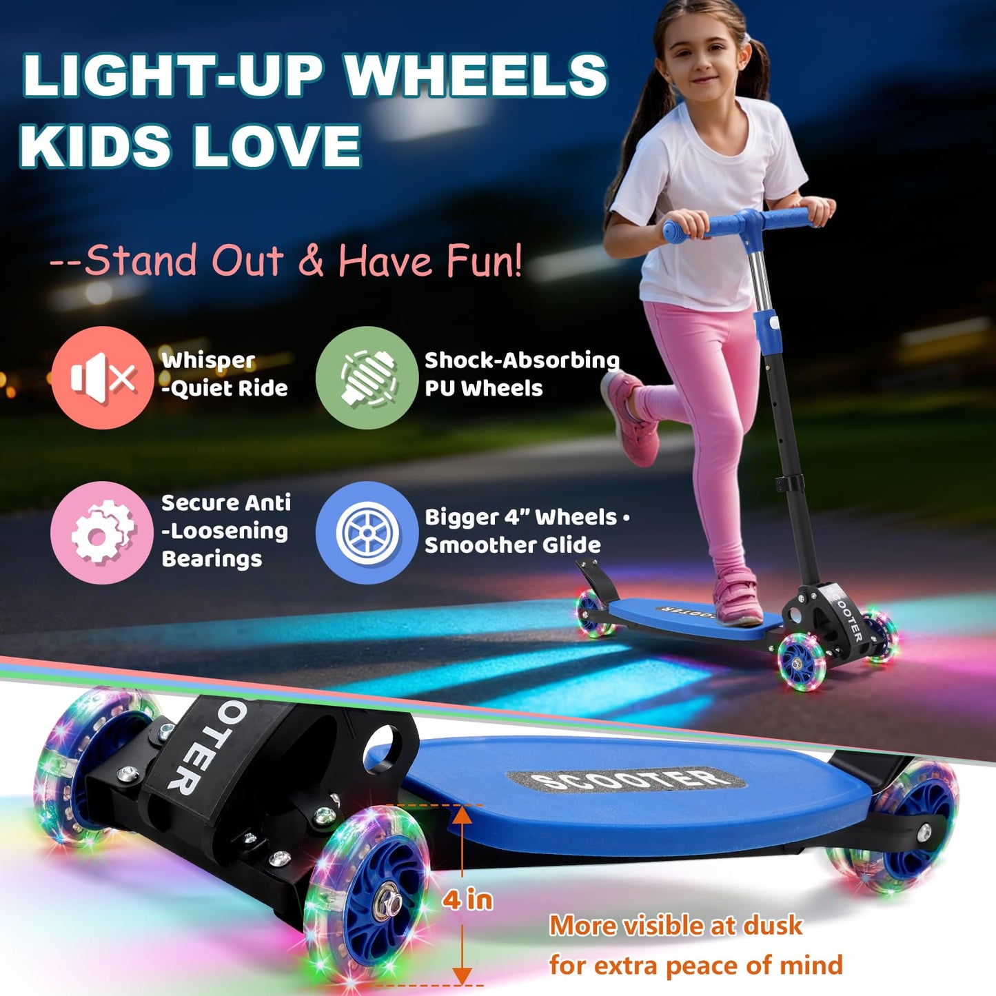 Kids Scooter for Ages 3-7, Foldable 3 Wheel Kick Scooter with Light Up Wheels, Easy Lean-to-Steer, Adjustable Handlebar, Stable Dual Rear Wheels, Wide Non-Slip Deck &Rear Brake for Boys Girls