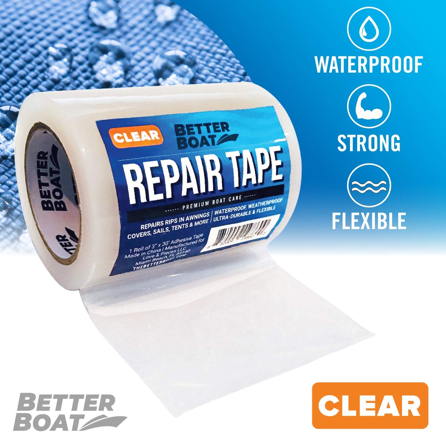 Better Boat Repair Tape - Clear Waterproof Patch for Fabric & Vinyl | 30ft x 3in Heavy Duty for RV, Tent, Sail, Canopy