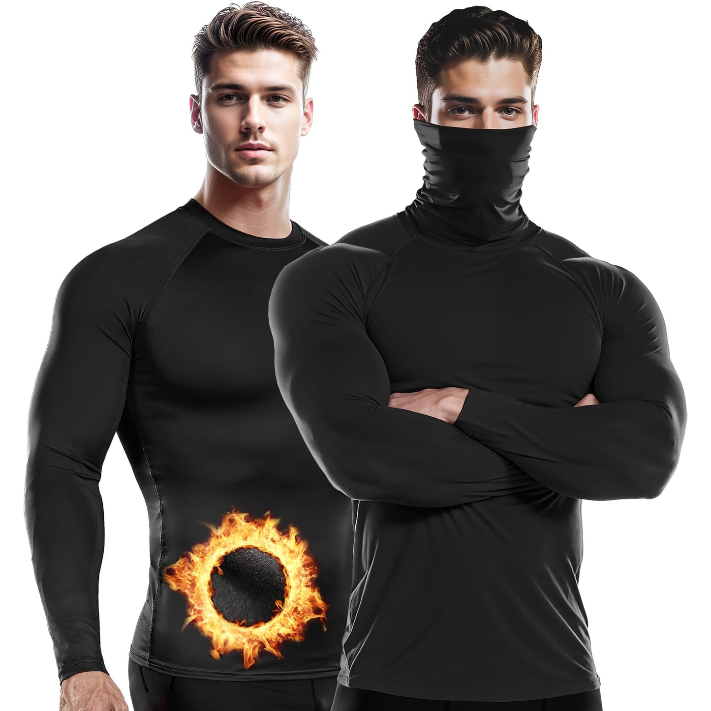 DRSKIN 2 Pack Men's Thermal Compression Shirts Fleece Lined Turtleneck Base Layers Underwear Sports Athletic Workout Winter, HOT(Round SBB01+Turtleneck SB01), XL