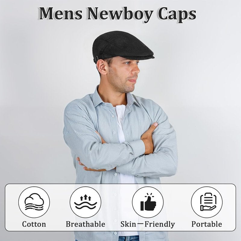 Men's Mesh Flat Cap - Breathable Summer Newsboy Hat | Adjustable Cabbie Ivy Cap