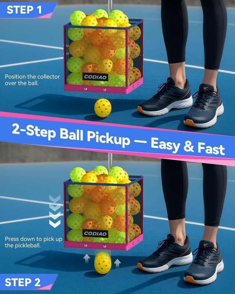 CODIAO Pickleball Picker Upper 40+ Ball Capacity Hopper Holder, Foldable Basket with Telescopic Stainless Steel Handle, Quick Pickup No Bending Ball Retriever Collector, Portable for Court Training