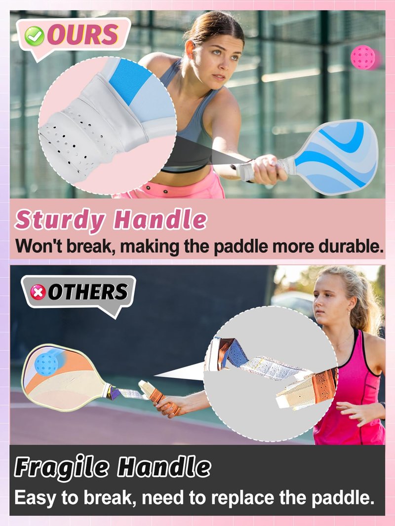 Cute Pickleball Set of 2 Paddles - Pink & Blue Lightweight Pickleball Rackets with 2 Indoor and 2 Outdoor Balls, 1 Portable Bag, for Beginner Youth Women Couple Gift