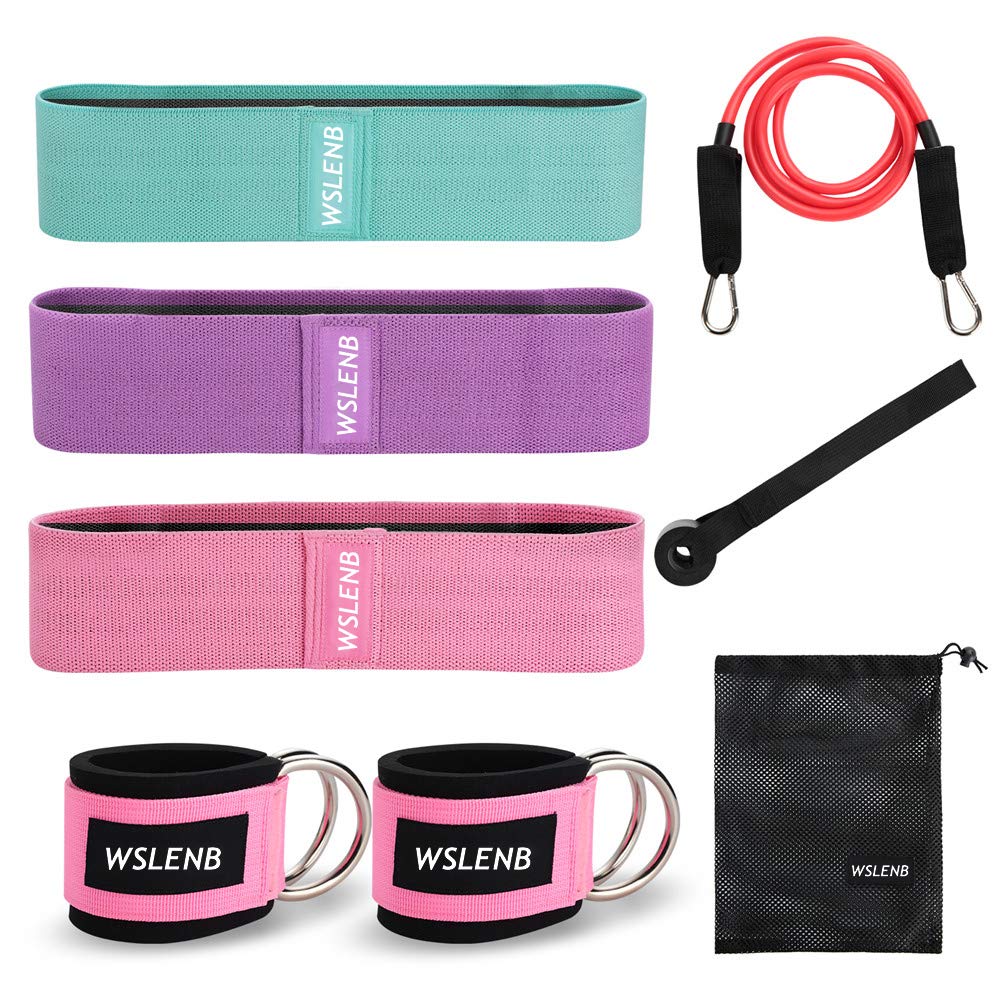 WSLENB 8 Pcs Resistance Bands Set Workout Bands for Leg and Butt, Fabric Non Slip Training Exercise Band with 2 Legs Ankle Straps Door Anchor for Men Women Home Fitness Gym Yoga Squat Glute
