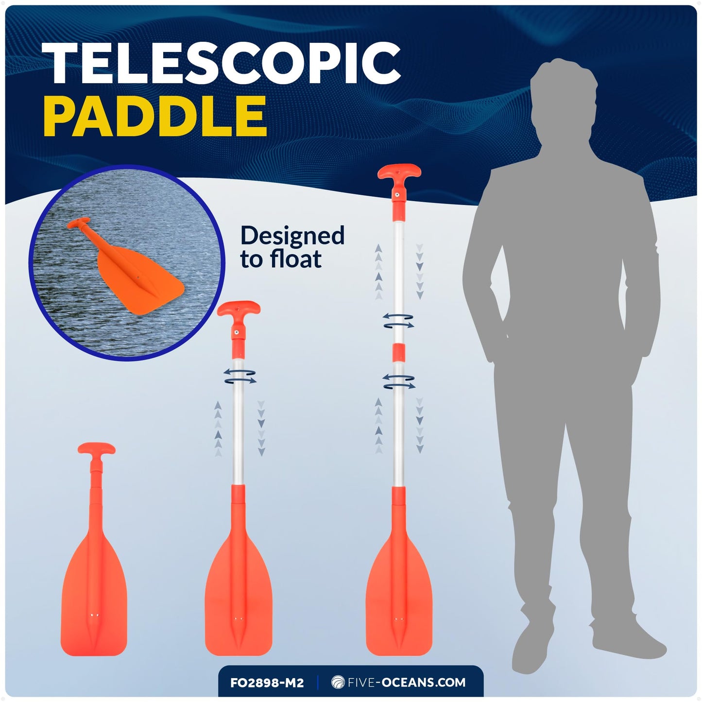 Five Oceans Boat Paddle, 2-Pack Telescoping Paddle, Orange, Aluminum Shaft, ABS Blade & Handle, 21" to 42" Extendable, Emergency & Boat Hook Function - FO2898-M2