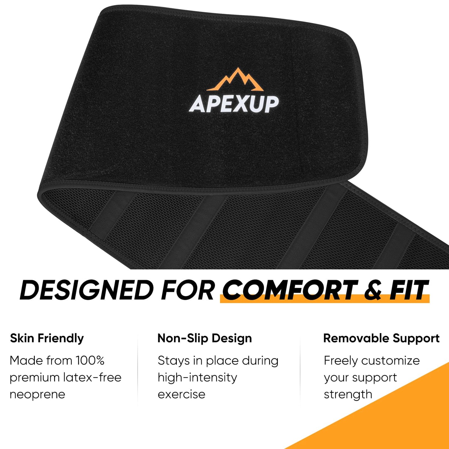 APEXUP Waist Trainer for Women Lower Belly Fat, Men Sweat Band, Stomach Wrap, Waist Trimmer with Removable Lumbar Support Bar for Workouts (Black, M)