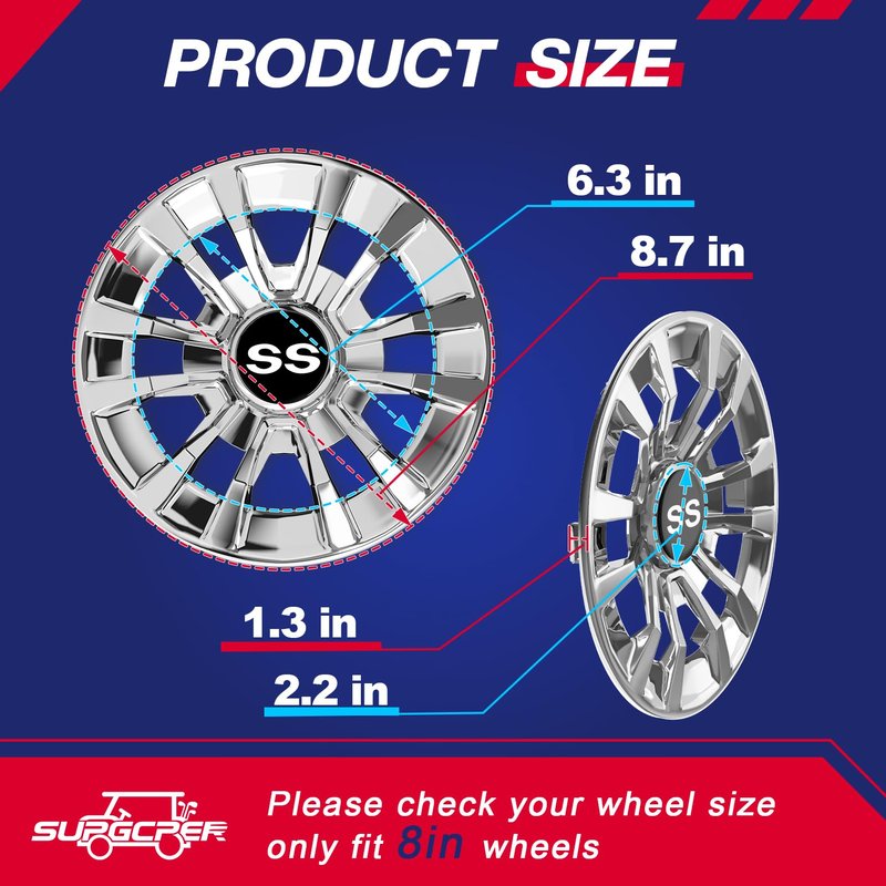 SUPGCPER Golf Cart SS Wheel Covers, Golf Cart Hub Caps for Club Car EZGO Yamaha and Most Golf Carts, 6-Spoke Design, 8 Inch Golf Cart Wheel Hubcaps (Set of 4), Snap-on Installation, Not Fit EZGO RXV