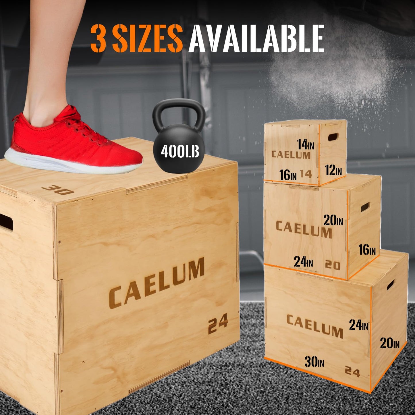 CAELUM 3-in-1 Wood Plyo Box - Non-Slip Plyometric Jump Box for Home & Gym, 400lbs Bearing Fitness Launch Box for Jumping Squats Step-ups Strength Training (‎16" x 14" x 12")