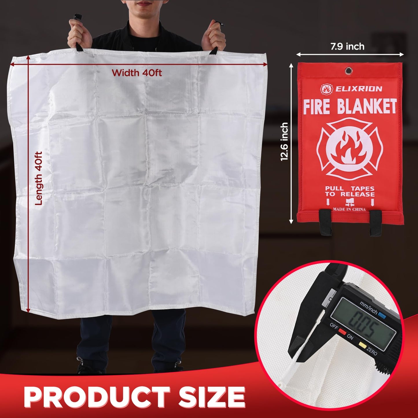 ELIXRION Emergency Fire Blanket 2 Pcs, 40" x 40" Fiberglass Suppression Blanket Portable Fire Extinguisher Blanket for Kitchen, Retardant Protection Emergency Safety Blanket for Home Car and Camping