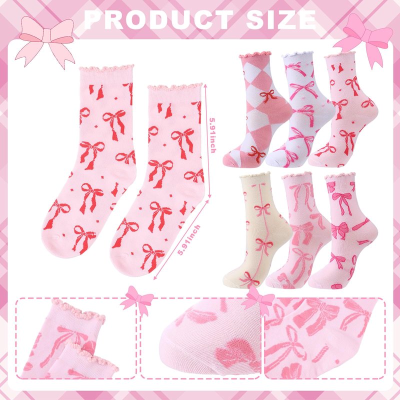 Jadive Coquette Pink Bow Socks Pink Bow Women's Inspired Socks Ornament for Birthday Decor Gift(Ruffle,12 Pcs)