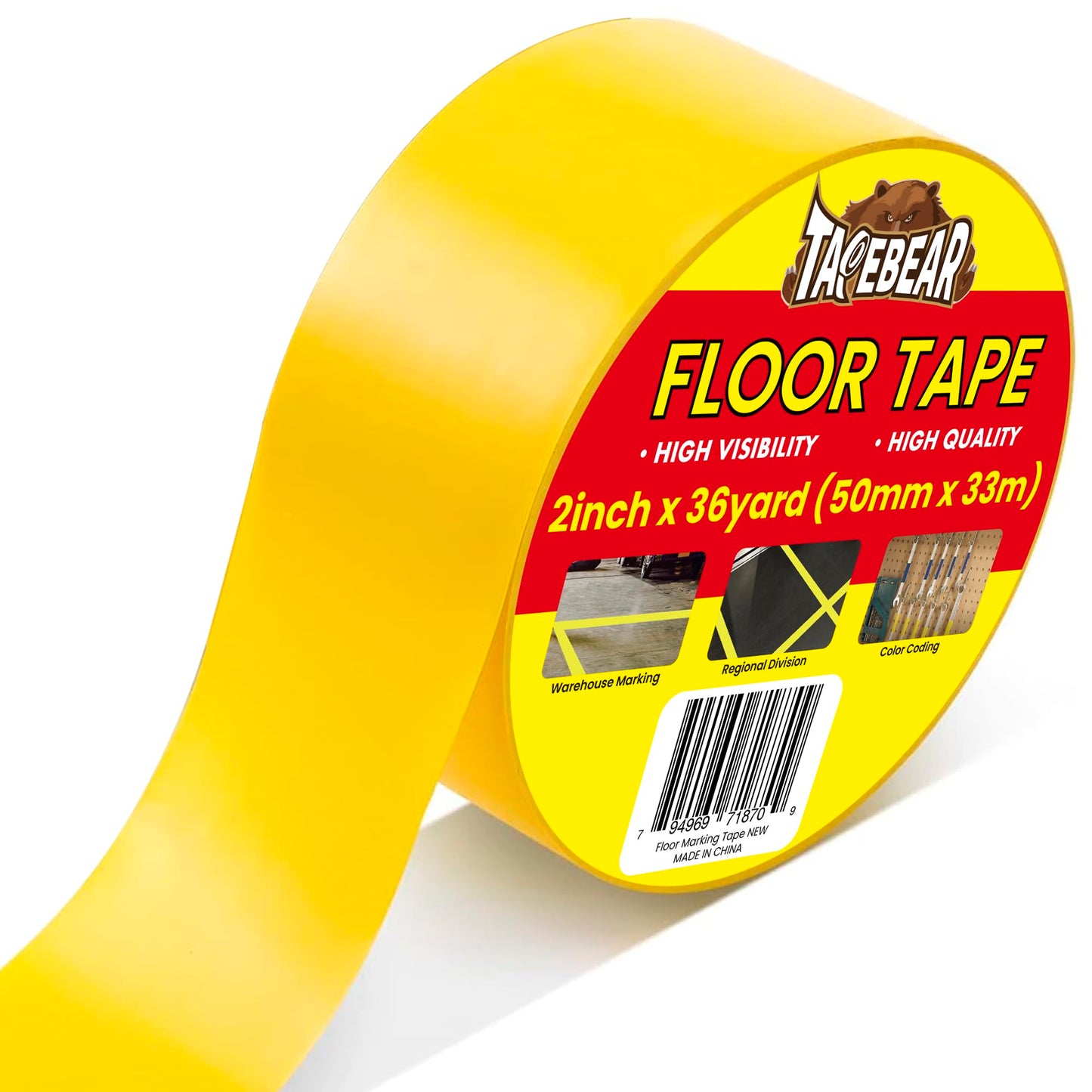 TAPEBEAR Floor Tape Yellow Vinyl Tape 2" x 36 yds, Floor Caution Marking Dance Splicing Tape Safety Warning Stripe Abrasion-Proof Waterproof for Gym, Warehouse, Traffic Signage, Color Coding