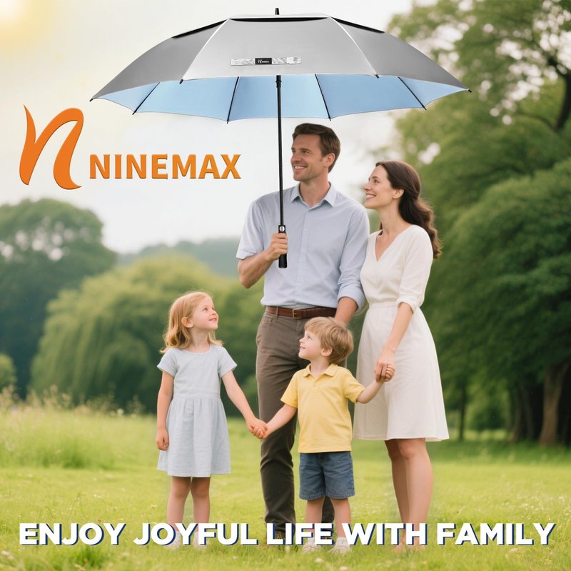 NINEMAX UV Potection Golf Umbrella, 62 Inch UV Umbrellas for Sun Blocking Large Windproof for Rain (Sliver Light Blue)