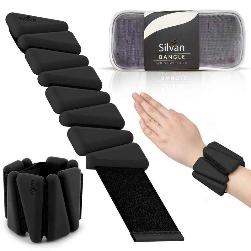 SILVAN Black Adjustable Wrist & Ankle Weights – 1lb Each | Silicone Weighted Bangles for Women & Men | Non-Slip Fitness Accessories for Walking, Yoga, Pilates, Barre & Home Workouts