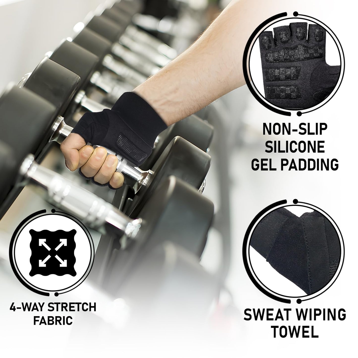 Stealth Sports Weight Lifting Workout Gloves Men Women Non-Slip Gel Padded Grip Full Palm Protection for Pull ups Gym Training Fitness Weightlifting Bodybuilding Exercise Gloves,R7 - Black (M)