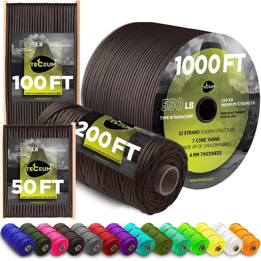 TECEUM Paracord Type III 550 Chocolate – 200 ft – 4mm – Tactical Rope MIL-SPEC – Outdoor para Cord –Camping Hiking Fishing Gear and Equipment – EDC Parachute Cord – Strong Survival Rope 014