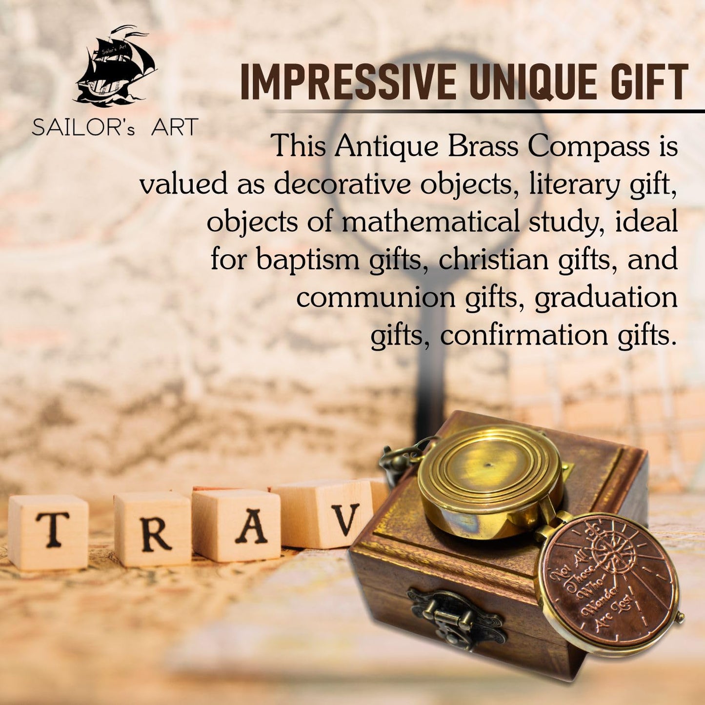 Sailor's Art Vintage Style Brass Pocket Compass with Wooden Box, Quote Engraved, Gifts for Kids Children Teen Family, Nautical Navy Compass, Baptism Gifts, Confirmation Gifts