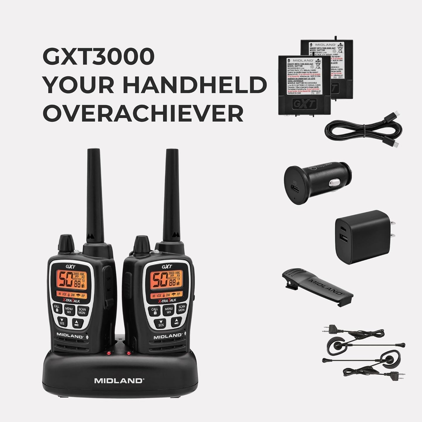 Midland GXT3000 GMRS Two-Way Radio - Long Range, 50 Channels, Rechargeable Battery | Black/Silver, 2-Pack