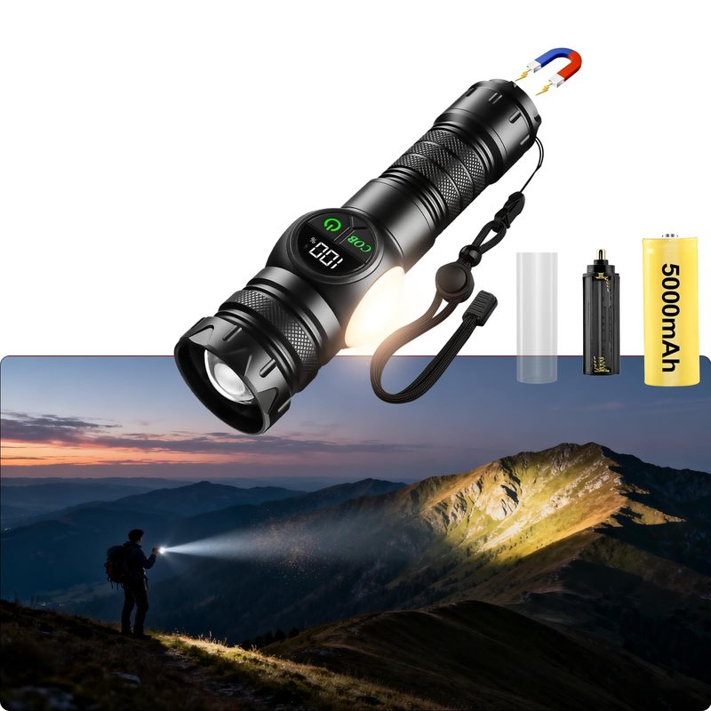 iodoo 3 in 1 Rechargeable Flashlight True 5000 Lumens Outdoor Strong Cob Light, 5000mAh Zoomable Beam LED Flash Light with Magnet Power Failure Emergency Survival Kits Snowstorm (Standard)